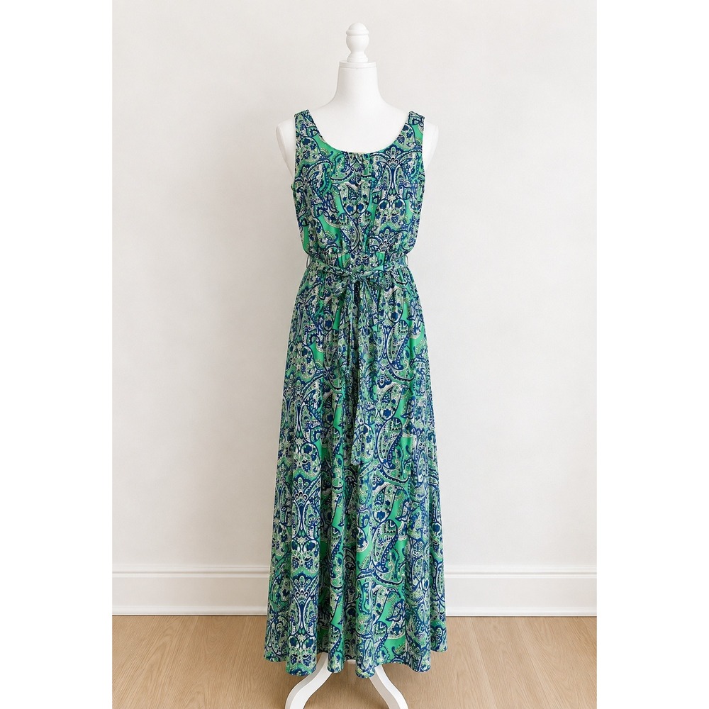 Banana Republic Kelly Green Paisley Sleeveless Maxi Dress 8 Tie Waist Flowy Boho